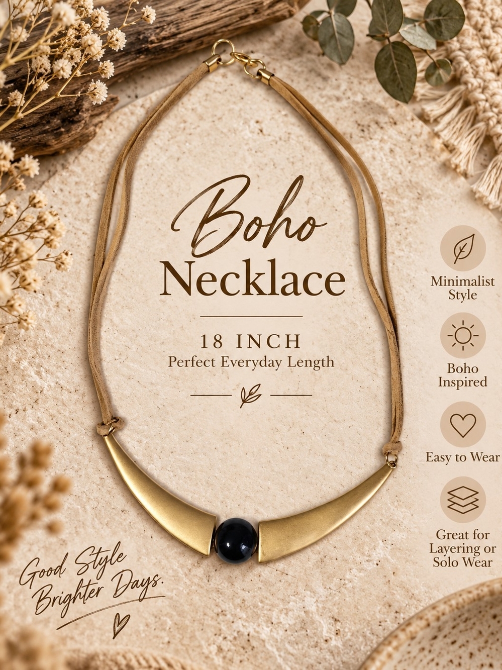 707 Boho Minimalist Gold Necklace with Black Accent Bead
